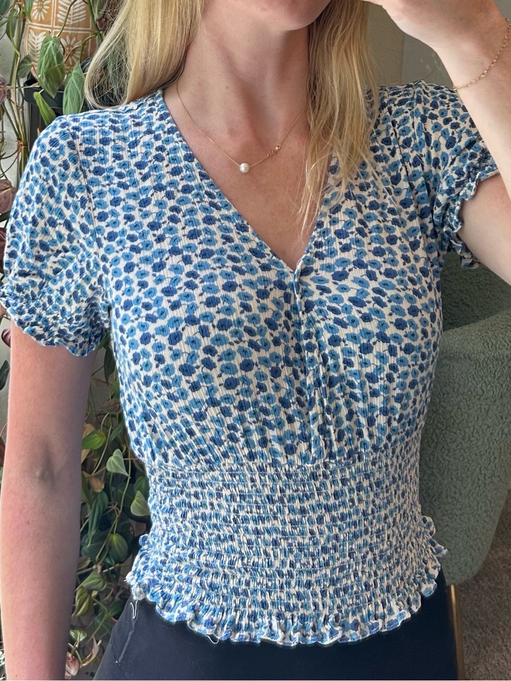 Smocked Blue Floral V‑Neck Women’s Top